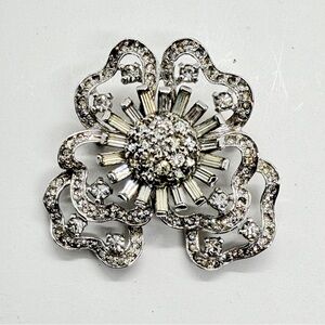 Pennino Silver Crystal Rhinestone Sun Flower & Ribbon Brooch Pin Vintage Signed